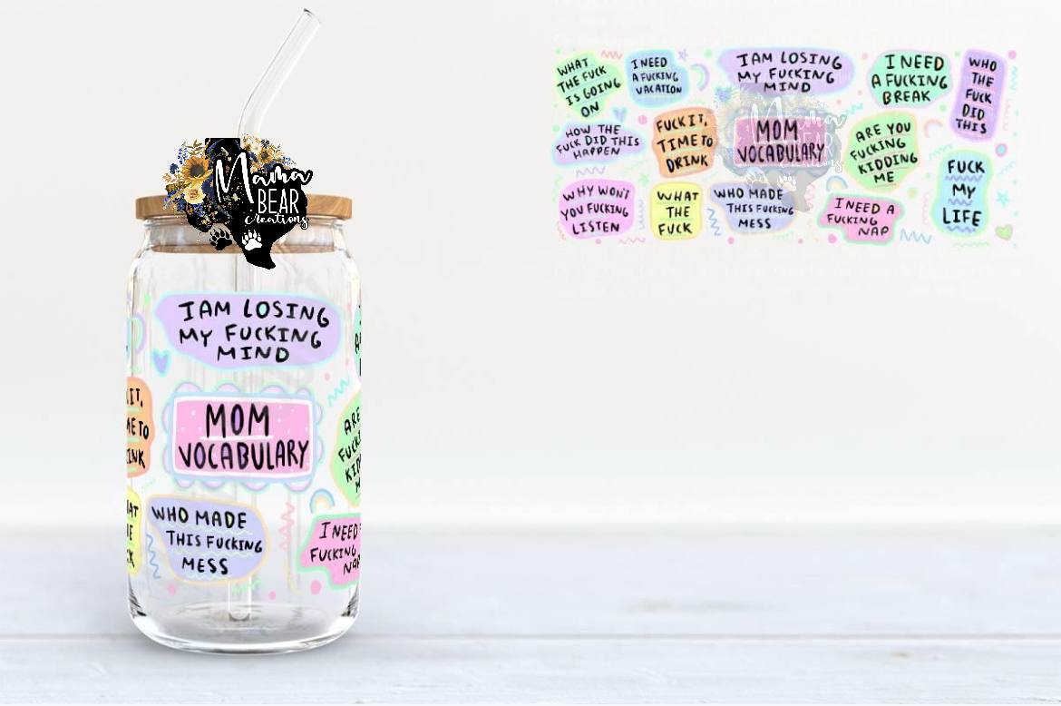 “Mom Vocabulary” Glass Can Tumbler – Funny Swear Word Mom Life Cold Cup with Bamboo Lid & Straw