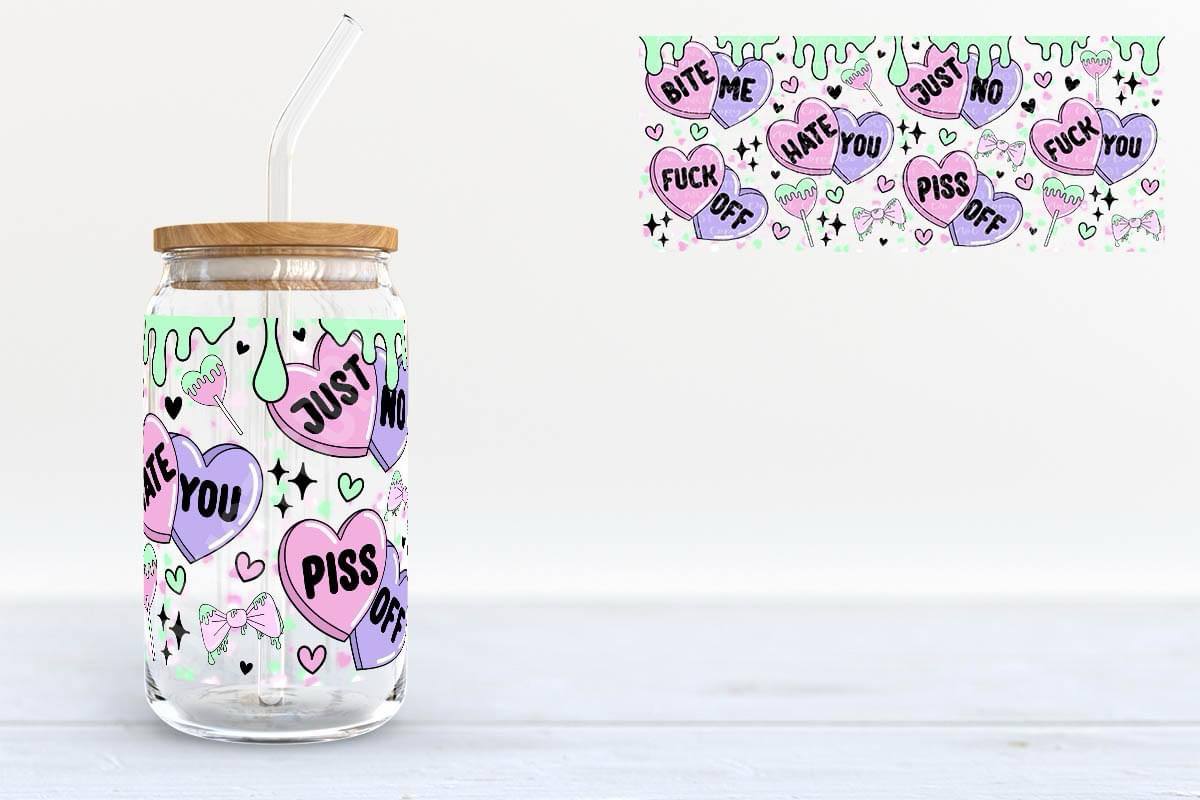 Pastel Goth “Anti-Valentine” Glass Can Tumbler – Cussing Candy Heart Cold Cup with Bamboo Lid & Straw