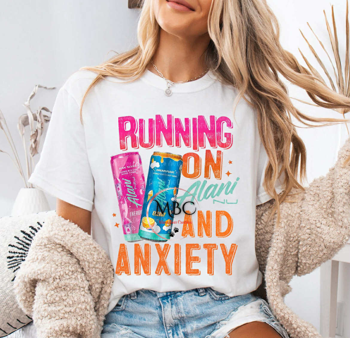 Running on Alani Nu and Anxiety T-Shirt – Funny Energy Drink Graphic Tee, Mental Health Humor Shirt, Caffeinated Girl Summer Top