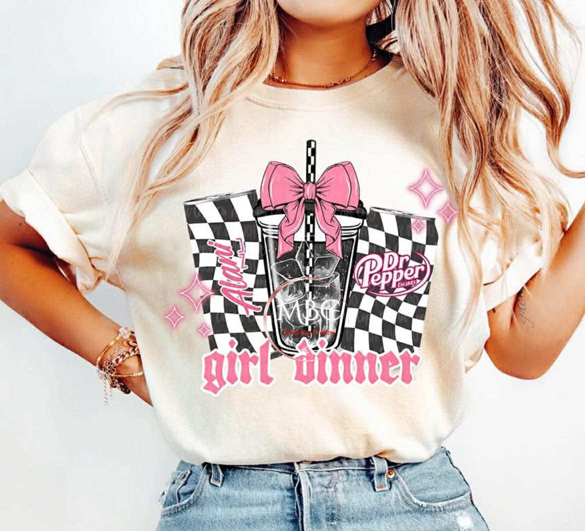 Girl Dinner T-Shirt β Alani Nu & Dr Pepper Funny Graphic Tee, Pink Retro Aesthetic Shirt, Caffeinated Baddie Energy Drink Top