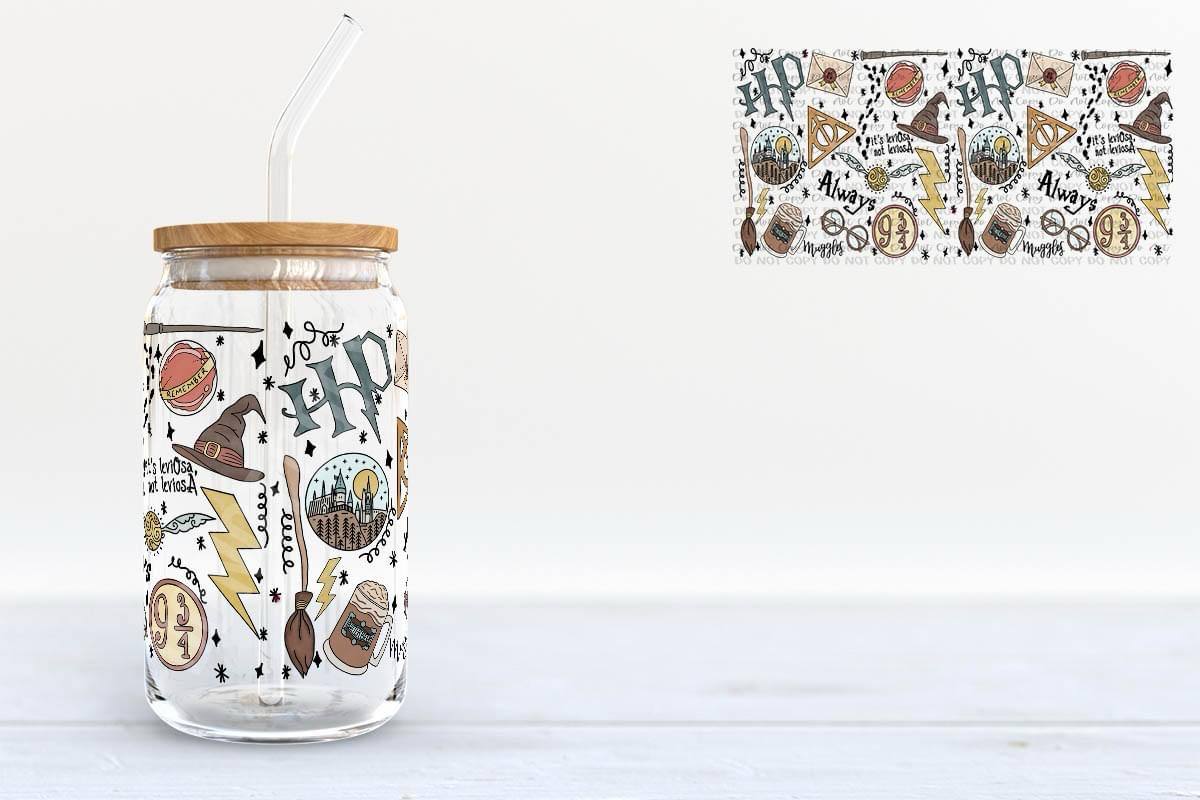 Magic Wizard Glass Can Tumbler – HP-Inspired Cold Cup with Hogwarts Icons, Bamboo Lid & Straw