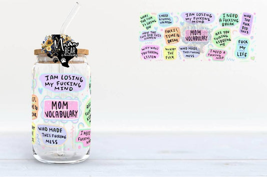 “Mom Vocabulary” Glass Can Tumbler – Funny Swear Word Mom Life Cold Cup with Bamboo Lid & Straw
