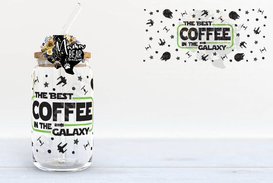 “The Best Coffee in the Galaxy” Glass Can Tumbler – Star Wars-Inspired Iced Coffee Cup with Bamboo Lid & Straw