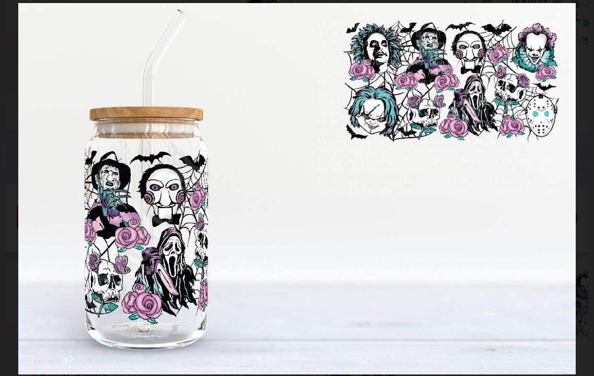 Pastel Horror Icons Glass Can Tumbler – Cute Goth Slasher Villains Cold Cup with Bamboo Lid & Straw