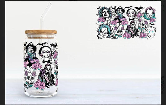 Pastel Horror Icons Glass Can Tumbler – Cute Goth Slasher Villains Cold Cup with Bamboo Lid & Straw