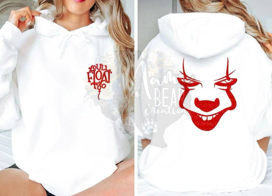 “You’ll Float Too” Pennywise Hoodie – Horror Clown Face Graphic Sweatshirt
