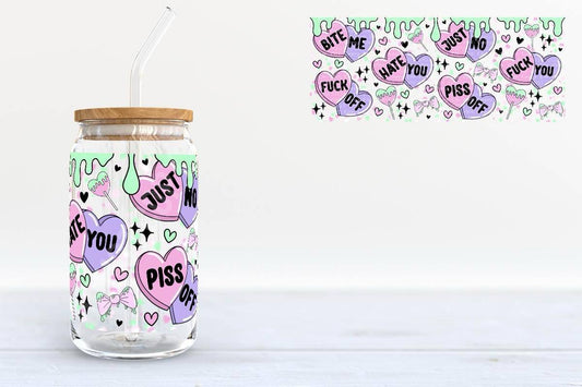 Pastel Goth “Anti-Valentine” Glass Can Tumbler – Cussing Candy Heart Cold Cup with Bamboo Lid & Straw