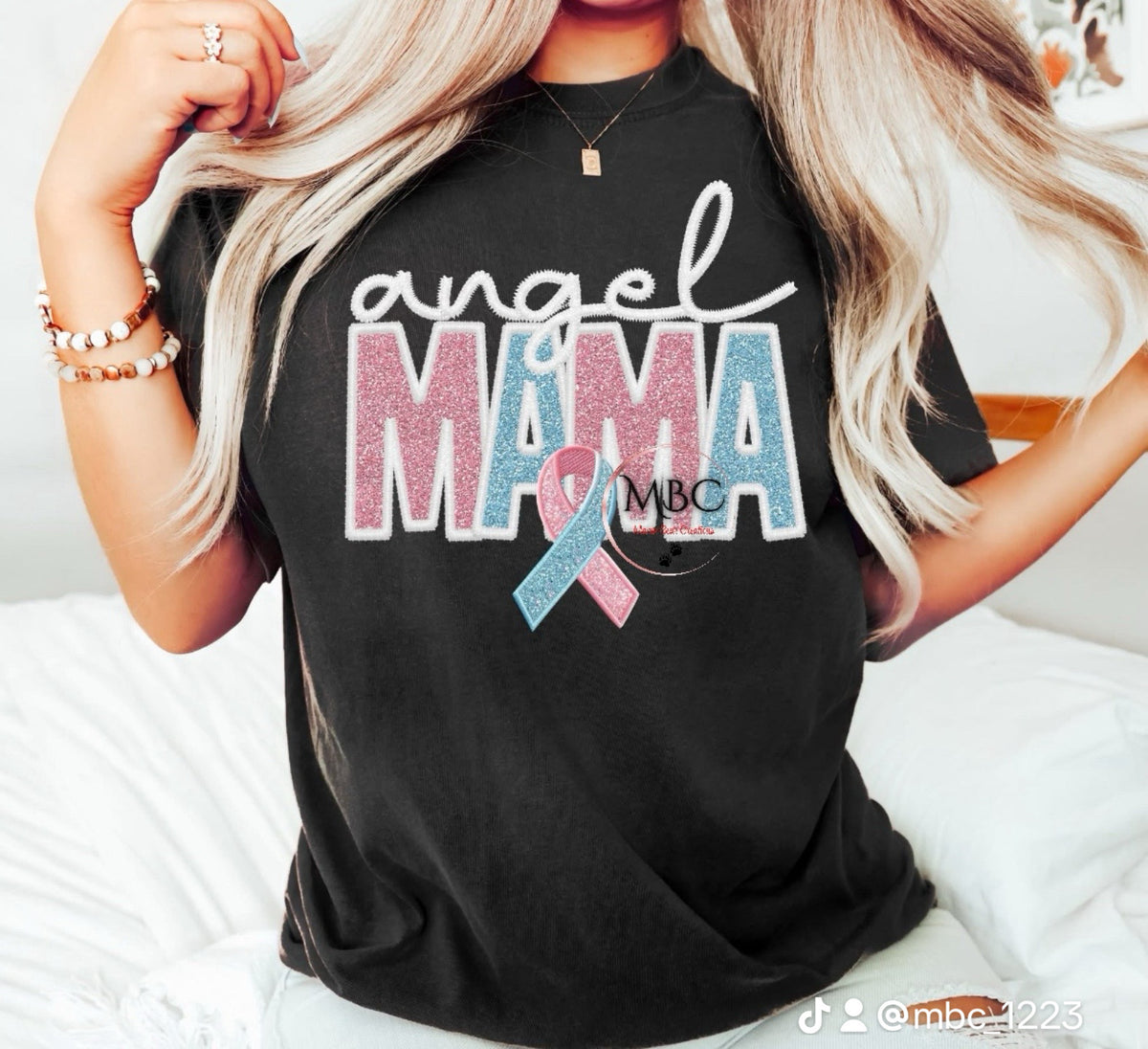 Angel Mama Awareness Tee – Infant Loss & Pregnancy Loss Support Shirt, Pink & Blue Ribbon Glitter Design, Memorial Mama T-Shirt