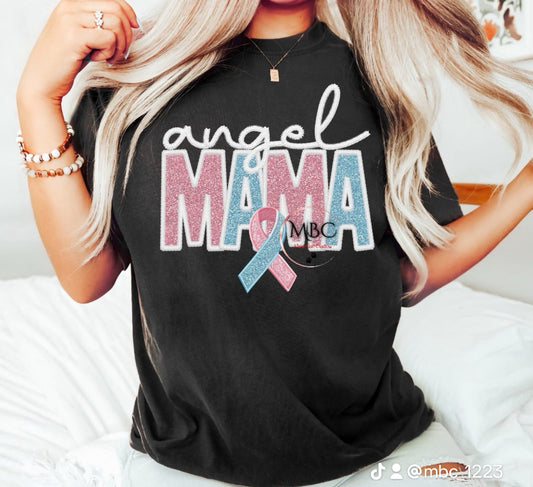 Angel Mama Awareness Tee – Infant Loss & Pregnancy Loss Support Shirt, Pink & Blue Ribbon Glitter Design, Memorial Mama T-Shirt