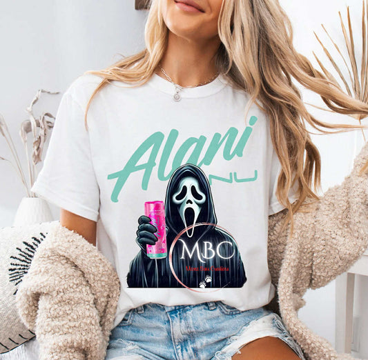 Funny Alani Nu Ghostface T-Shirt – Horror Energy Drink Parody Tee, Scream Movie Halloween Shirt, Spooky Fitness Fan Gift, Slasher Gym Humor Top