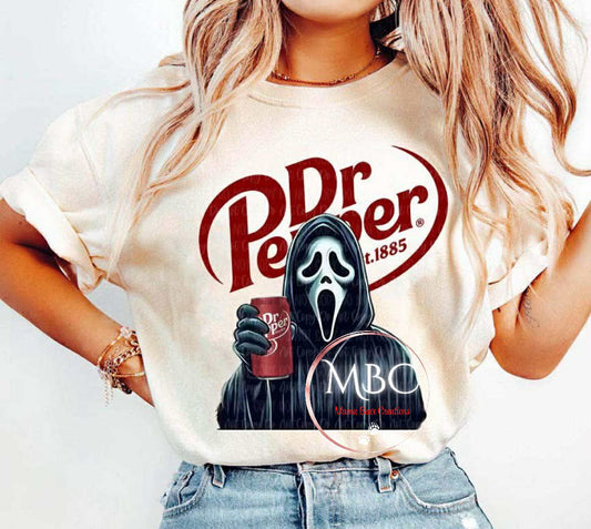 Funny Ghostface Dr Pepper T-Shirt – Horror Movie Soda Parody Tee, Halloween Killer Costume Shirt, Scream Fan Gift, Spooky Season Humor Top