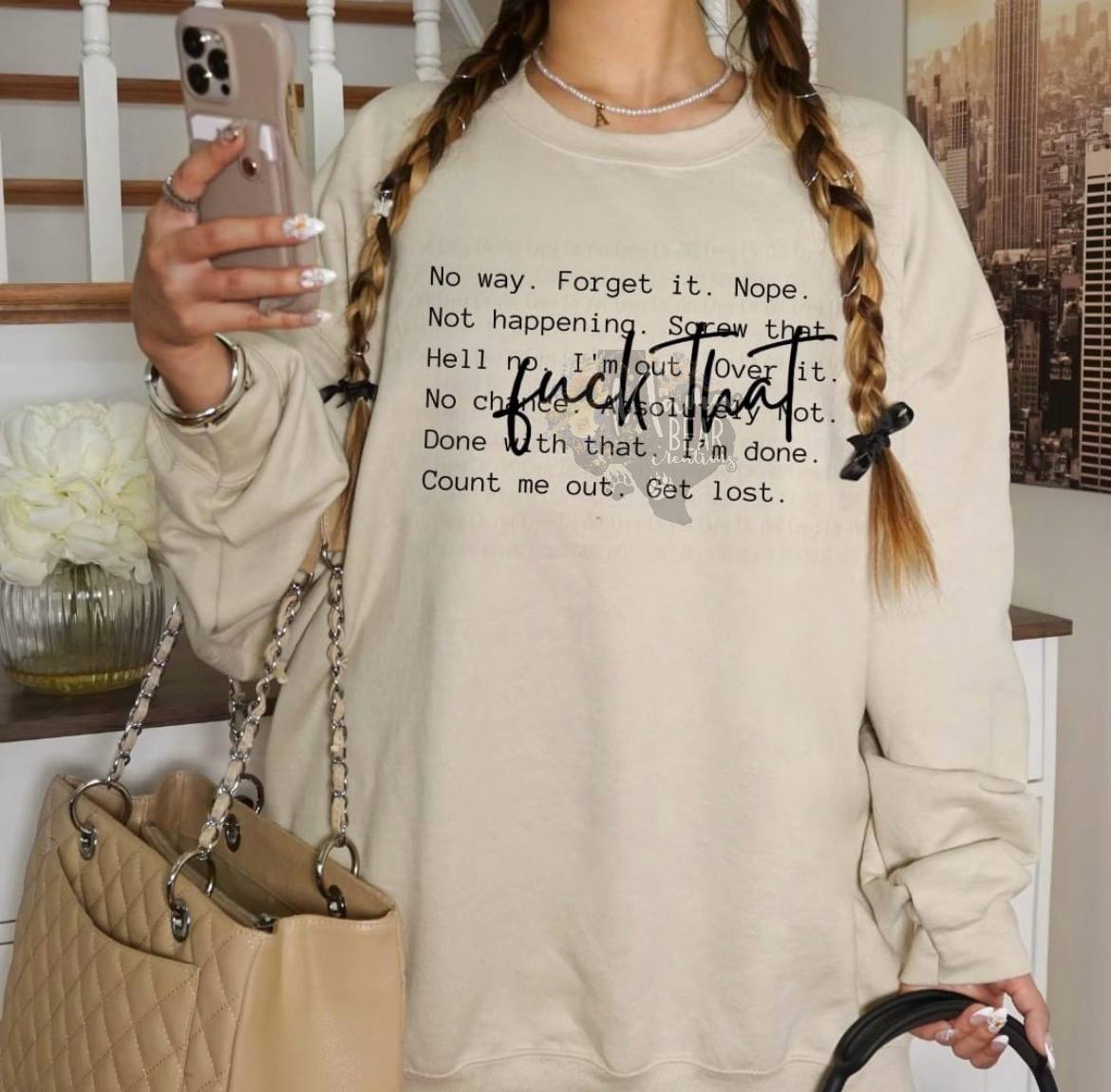 Sarcastic "F*ck That" Graphic Sweatshirt – Beige Oversized Crewneck Pullover for Women